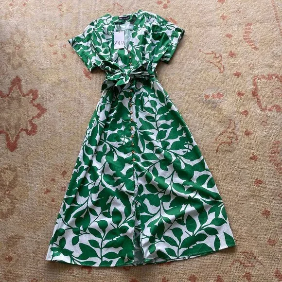 NWT ZARA Women's Belted Green & White Leaves Printed Long Midi Dress, Medium - Picture 5 of 13